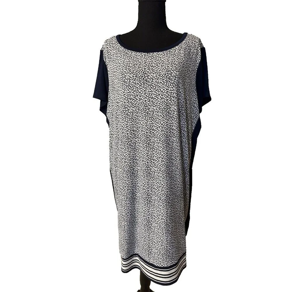 Michael Kors Shift Dress 2X Navy Blue Ivory White Short Sleeve Washable NEW - Picture 2 of 12